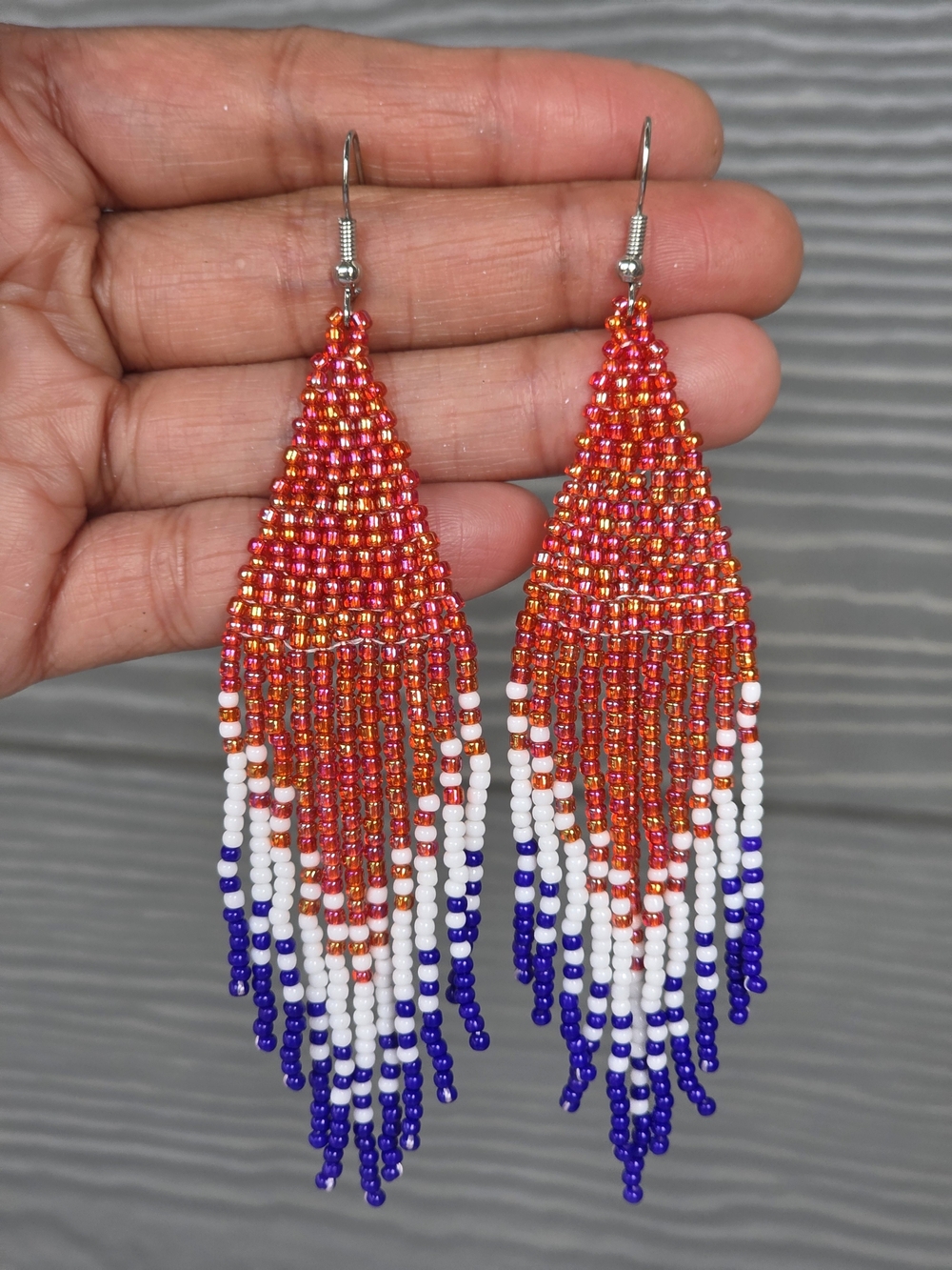 Patriotic Iridescent Boho Fringe Beaded Earrings Handmade Jewelry